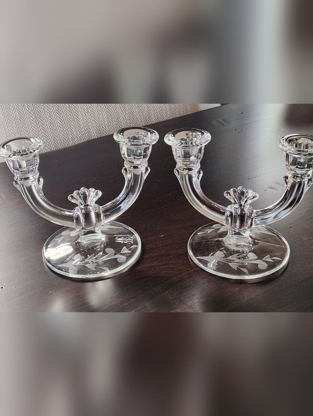 1930s Pair Of Art Deco Etched Glass Double Candle Holders